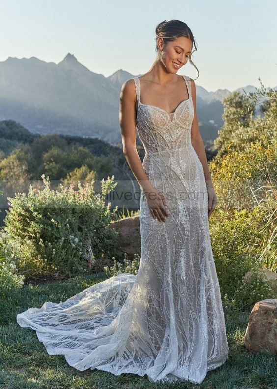 Luxury Beaded Ivory Lace Open Back Sparkling Wedding Dress Luxury Beaded Ivory Lace Open Back Sparkling Wedding Dress